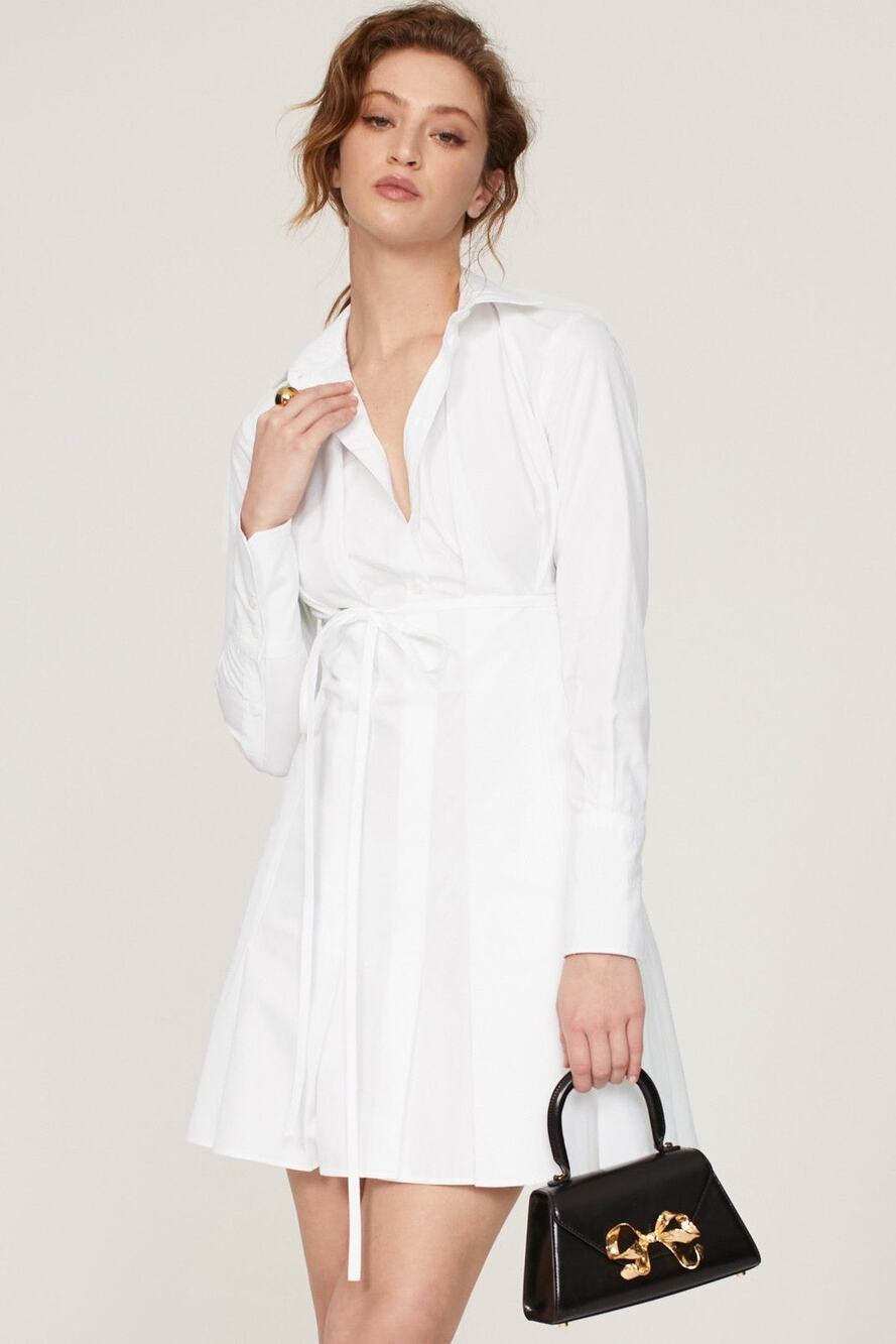 Patou White Pleated Long Sleeve Mini Poplin Tie Waist French Shirt Dress 6